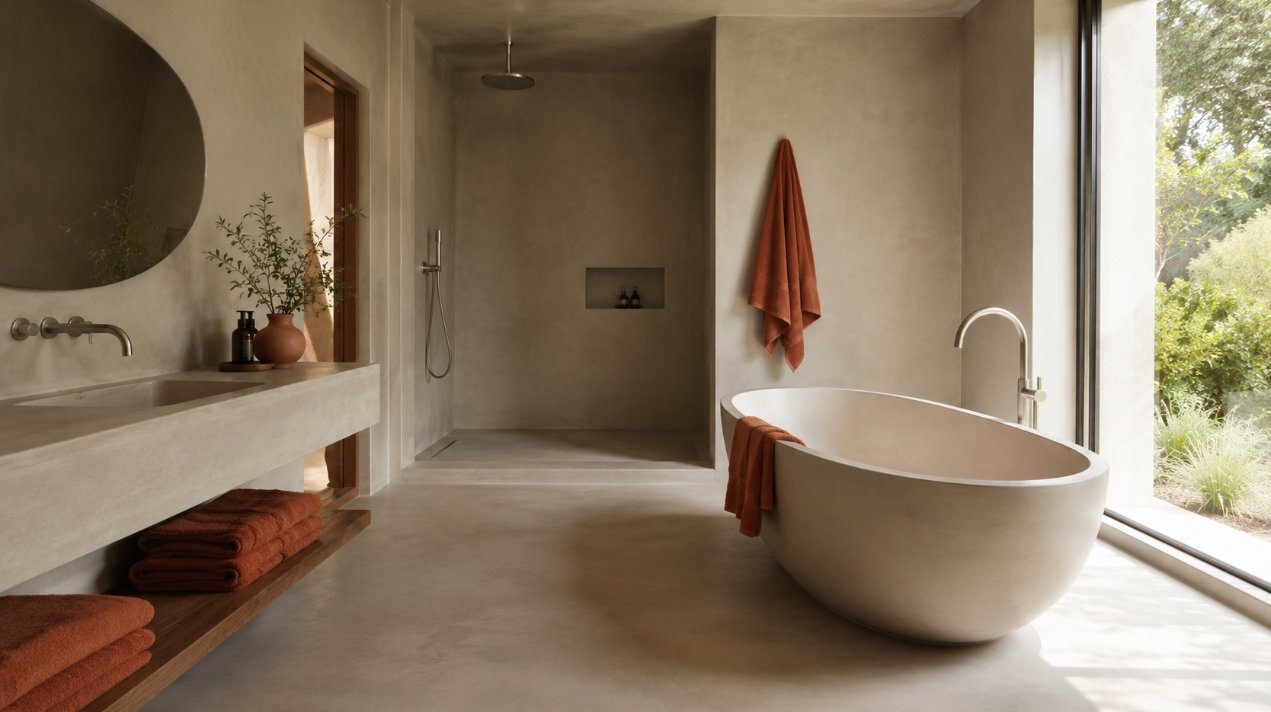 Baño moderno con microcemento color arena en suelo y paredes con luz mediterránea