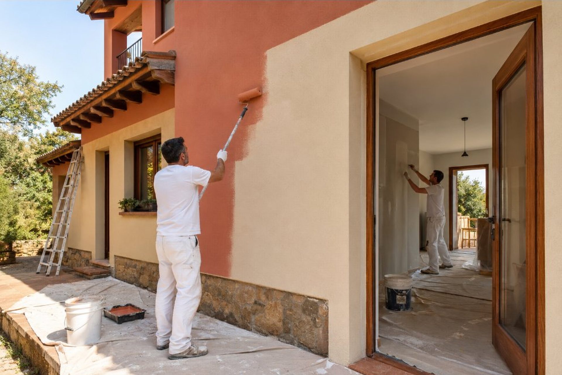 Equipo de pintores trabajando en casa unifamiliar: uno pintando fachada exterior y otro interior a través de la puerta abierta