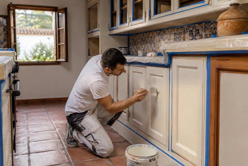 Pintor lacando muebles de cocina con esmalte al agua durante una reforma estética