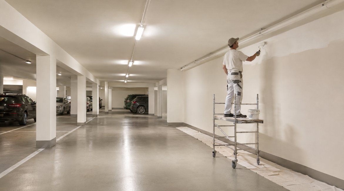 Garaje comunitario subterráneo recién pintado con paredes blancas y plazas señalizadas