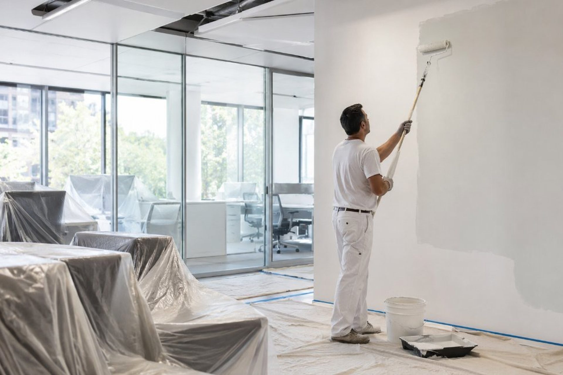 Pintor profesional aplicando pintura en oficina moderna con divisores de cristal y suelo protegido con plástico