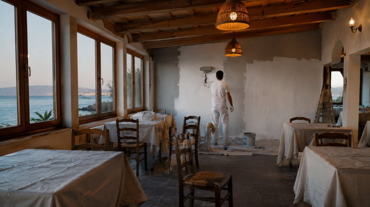Interior de restaurante mediterráneo recién pintado con barra de madera y luz cálida