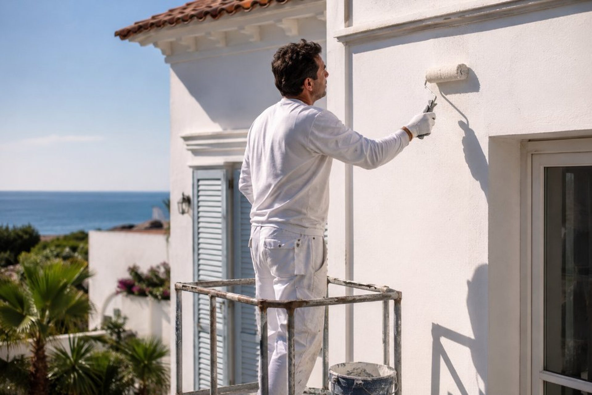 Pintor profesional pintando la fachada blanca de una villa con vista al mar Mediterráneo en Cambrils