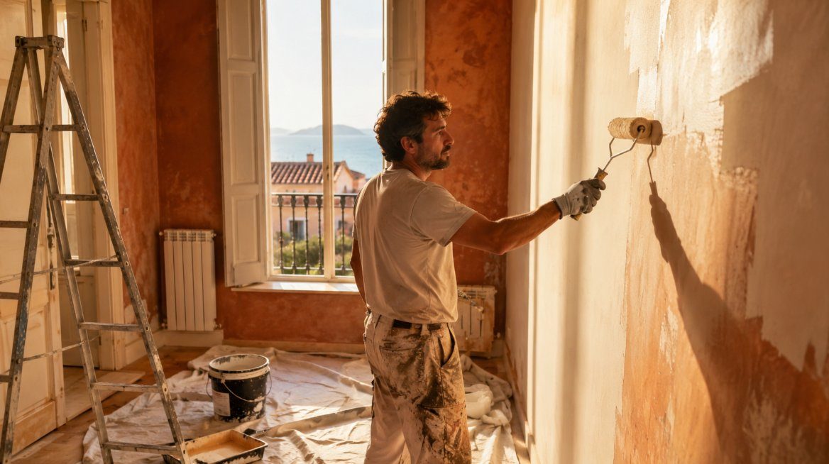 Pintor profesional de Pintolou aplicando pintura en interior de vivienda con vista al Mediterráneo