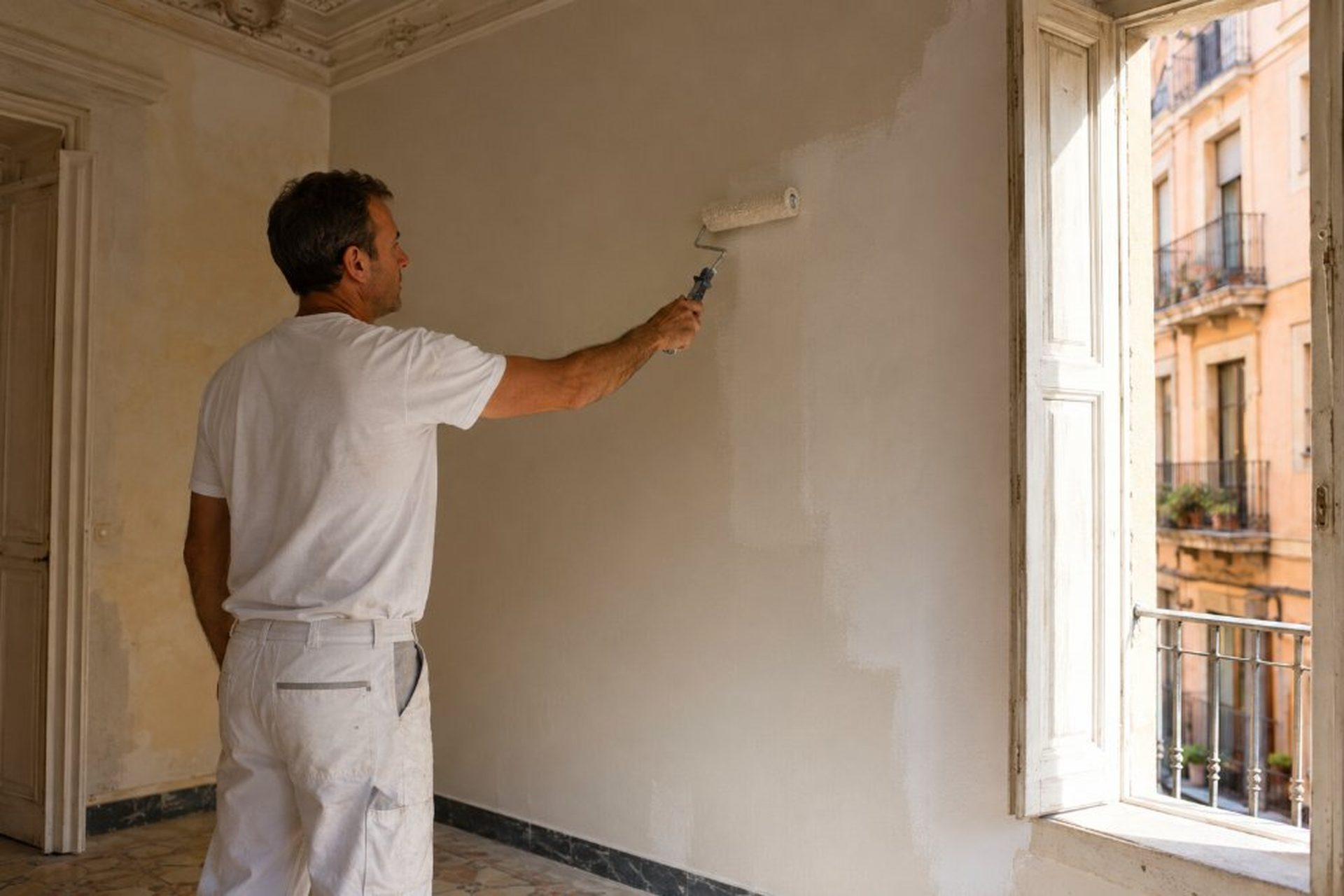 Pintor profesional aplicando pintura en piso antiguo del Eixample de Tarragona con balcón a edificios históricos del casco urbano
