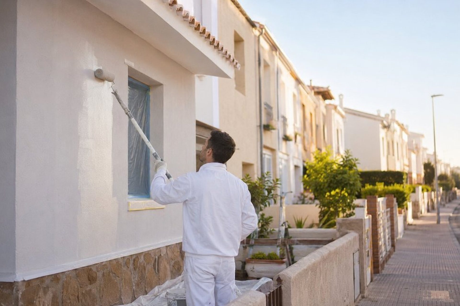 Pintor profesional pintando la fachada blanca de una casa adosada en una calle residencial familiar de Vila-seca