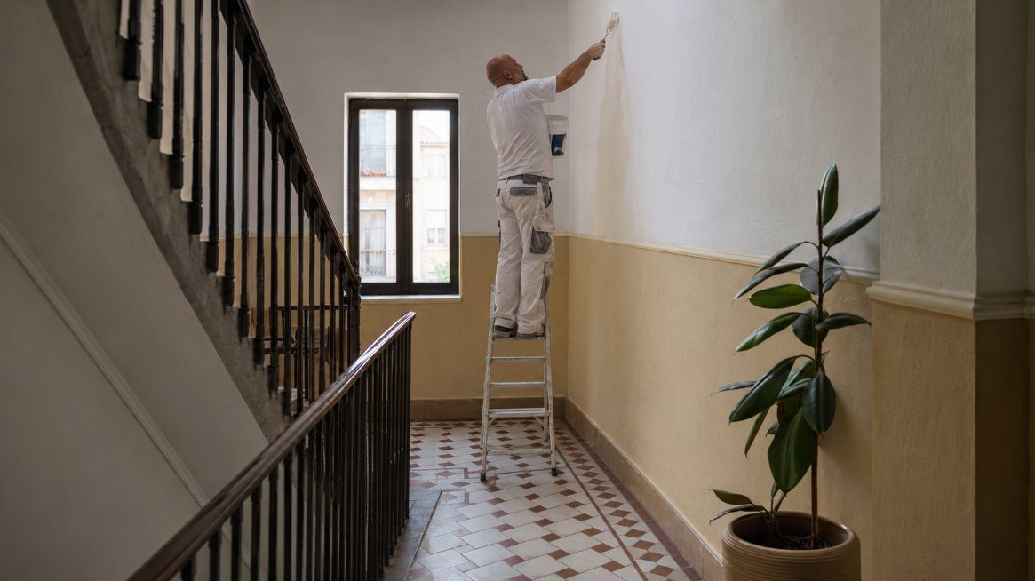 Escalera de comunidad de vecinos recién pintada con barandilla restaurada