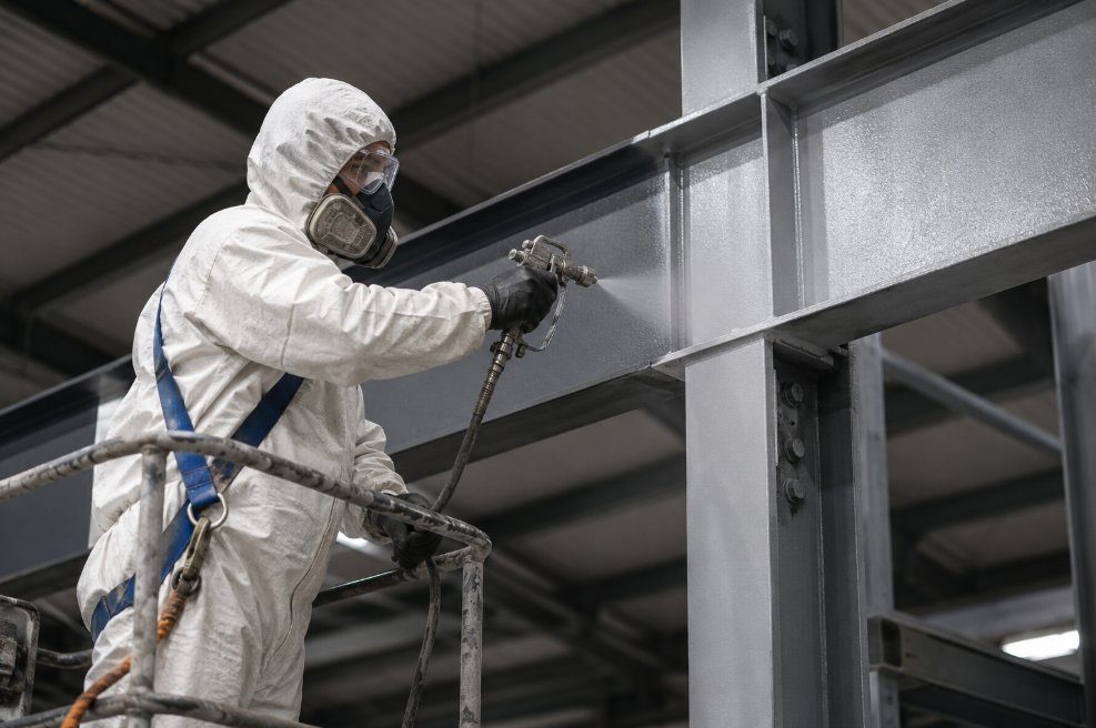 Vigas y pilares de acero pintados con sistema anticorrosivo en planta industrial