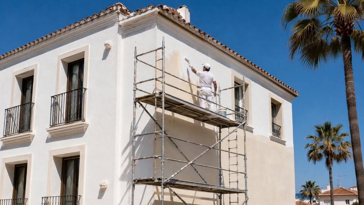 Pintor profesional en andamio pintando fachada blanca de vivienda mediterránea con palmera