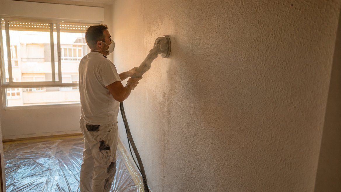 Pintor con lijadora orbital conectada a aspirador industrial eliminando gotelé de una pared