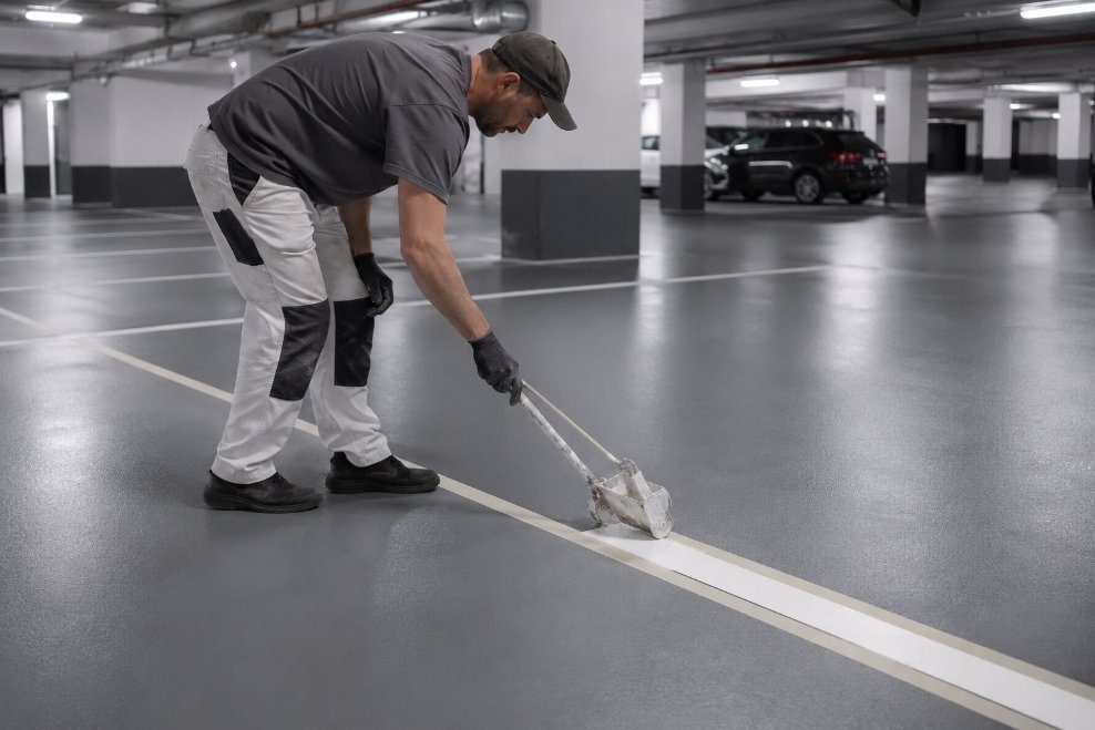 Detalle de líneas blancas reflectantes recién pintadas marcando plazas de parking