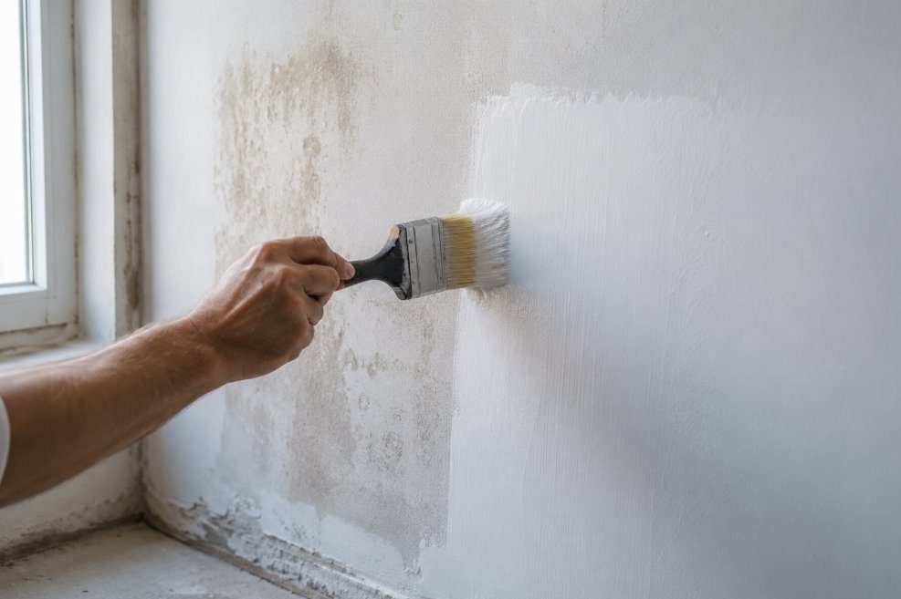 Pintor aplicando imprimación antihumedad sobre zona afectada por moho en pared